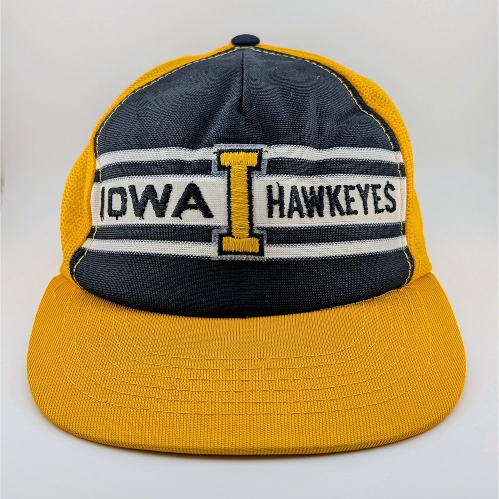 Vintage Iowa Hawkeyes 80s Youngan Stripe NCAA Football Cap Trucker SnapBack Hat